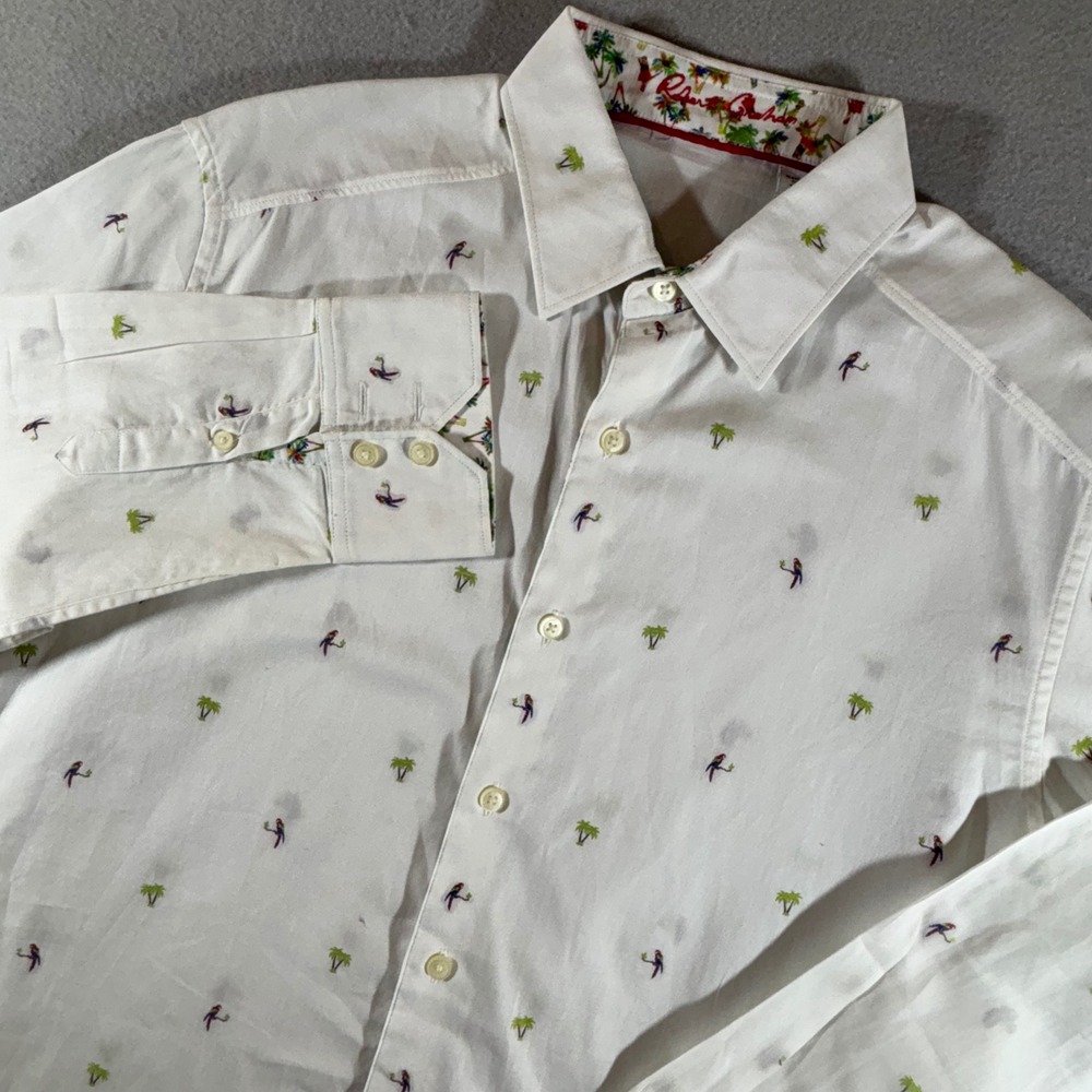 Robert Graham Mens Classic Fit White Palm Tree Parrot Embroidered Shirt Medium